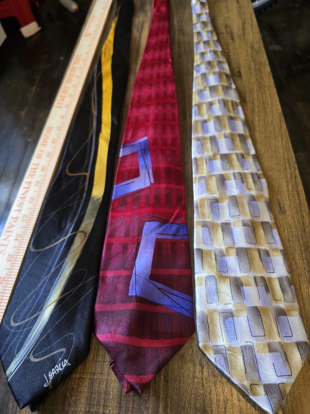 3 J. Garcia Red and Purple Geometric Silk Tie